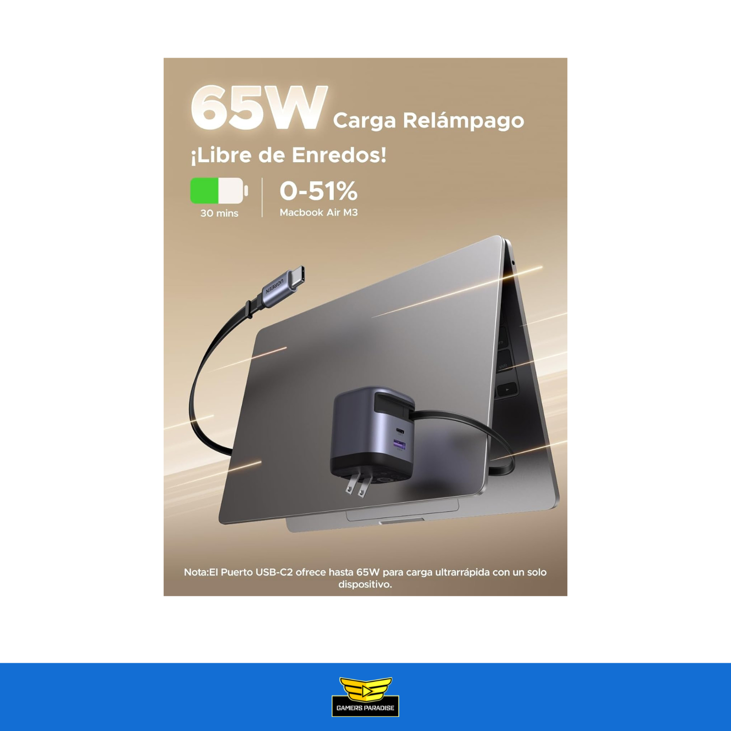 Cargador Ugreen Nexode Usb-c 65w Con Cable Retráctil Gan