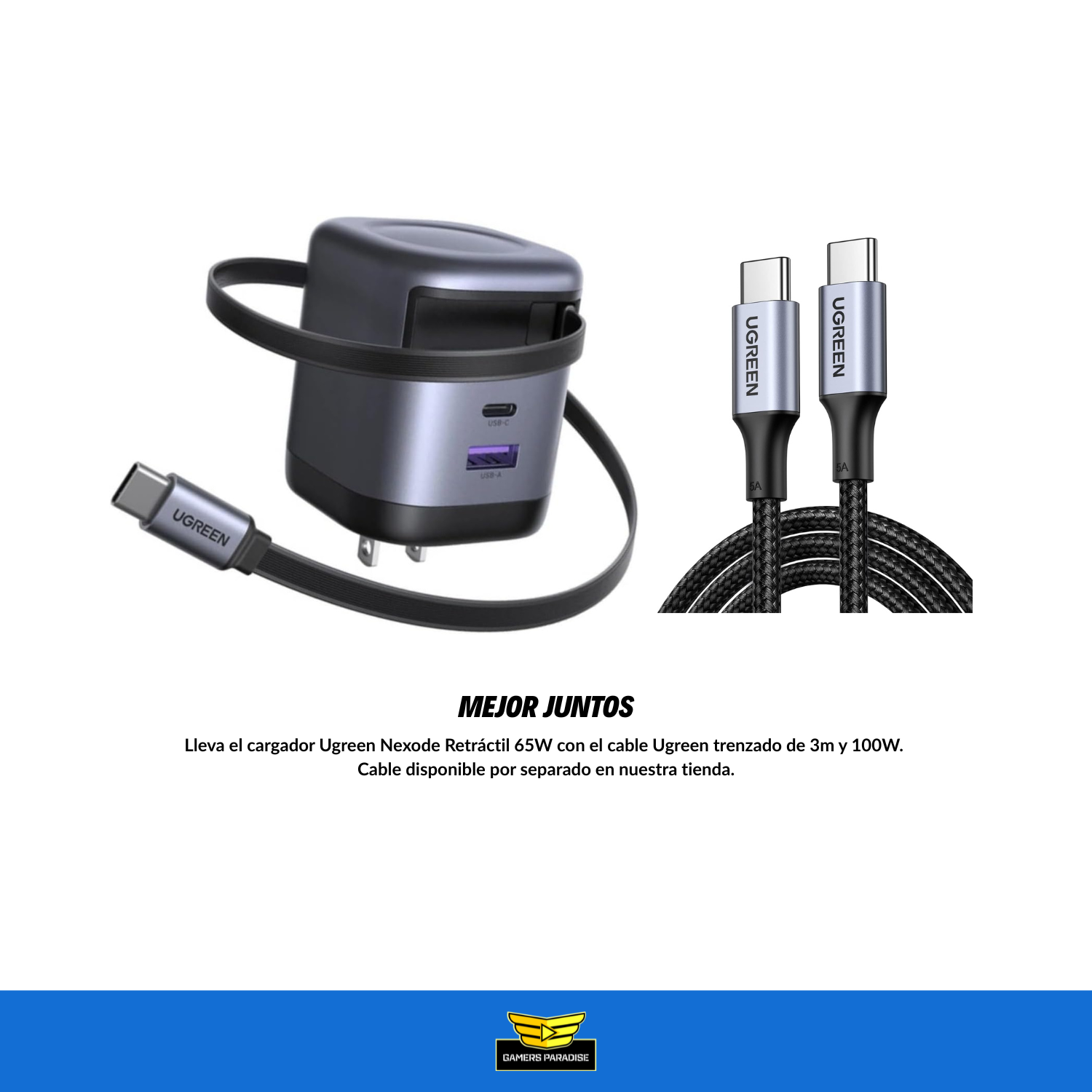 Cargador Ugreen Nexode Usb-c 65w Con Cable Retráctil Gan