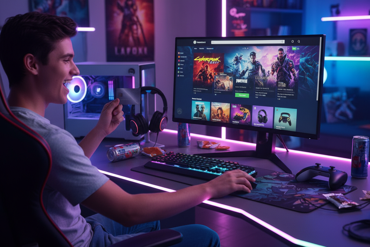 joven comprando artículos de videojuegos en el computador con su tarjeta de crédito